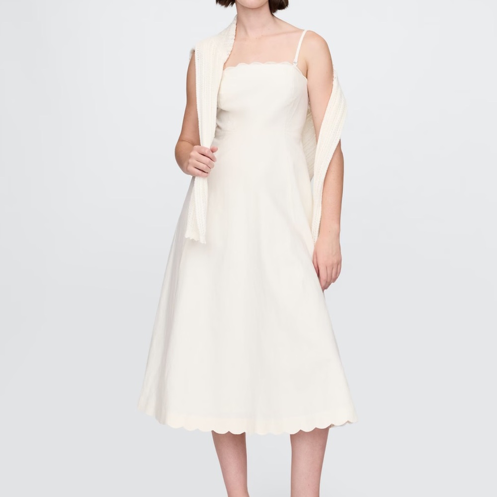 Linen-Blend Scalloped Midi Dress